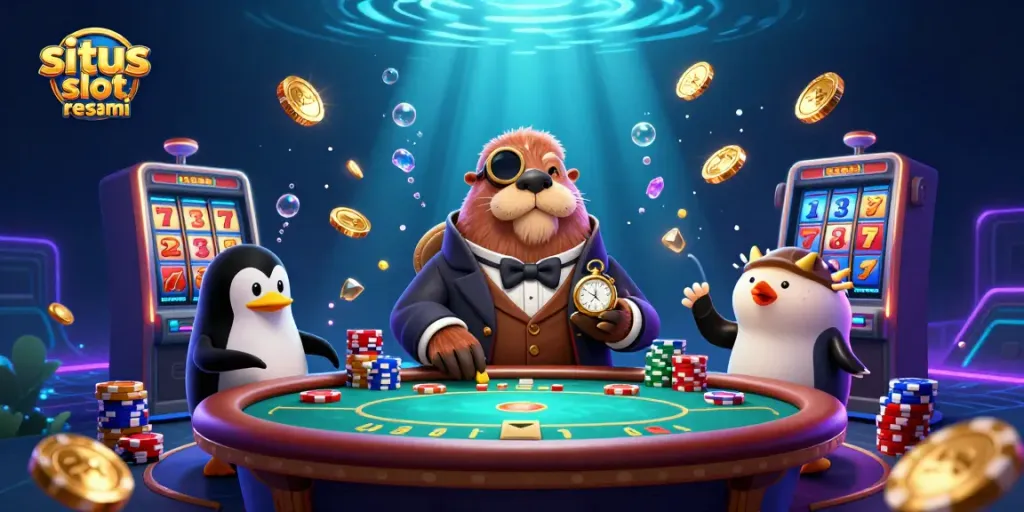 Spin the reels at situs slot resmi with dynamic 3D cartoon walrus, penguin dealer, and pufferfish