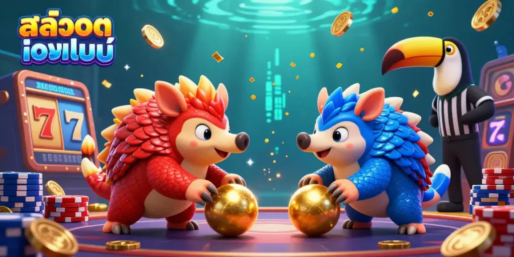 Rolling golden balls in a cartoon slot scene featuring pangolins, enhancing your สล็อตออนไลน์ skills.