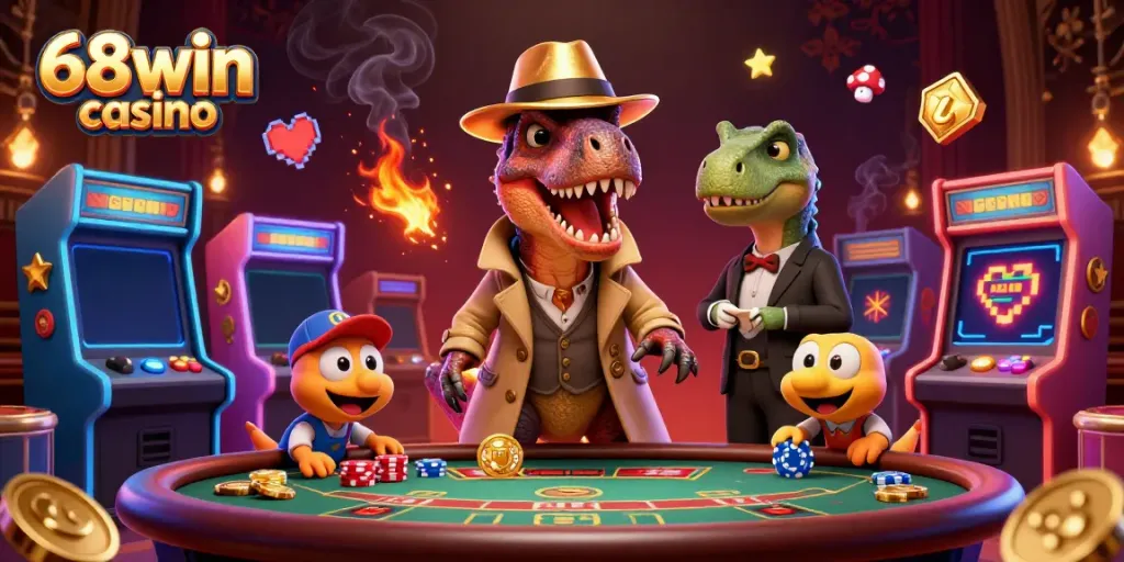 Experience dynamic gaming at the 68win casino with cartoon characters in a vibrant, creative scene.