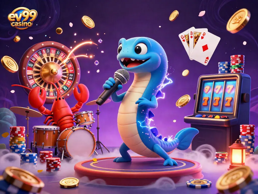 Experience the thrill of ev99 casino with vibrant illustrations of an electric eel DJ, lobster drummer, and seahorse guitarist amidst a bustling casino scene.