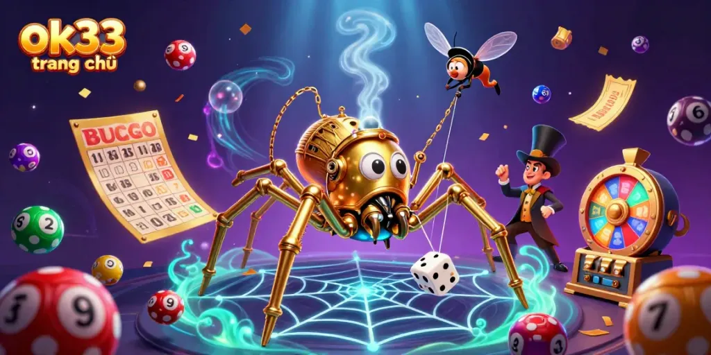 Engage with thrilling games at ok33 trang chủ featuring a whimsical steampunk spider and colorful lottery elements.