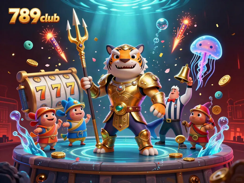 Win big with 789club as a tiger shark leads an underwater casino battle in this vibrant illustration.