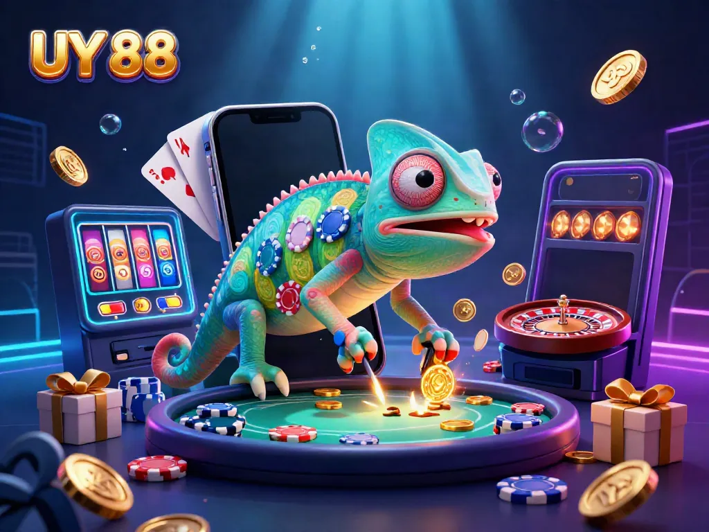 Experience the vibrant atmosphere of UY 88 with a chameleon casino owner and dynamic gaming elements.