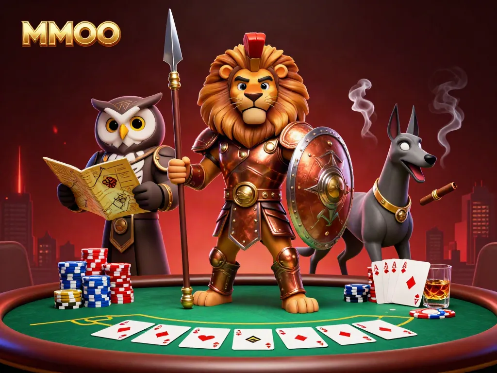 Engage in thrilling poker action at MMOO with a vibrant 3D scene featuring dynamic characters and casino elements.