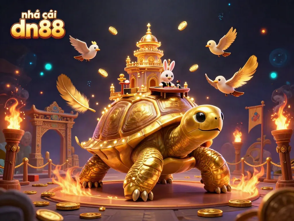 Engage with the legendary nhà cái dn88, featuring a vibrant casino scene with dynamic characters and golden treasures.
