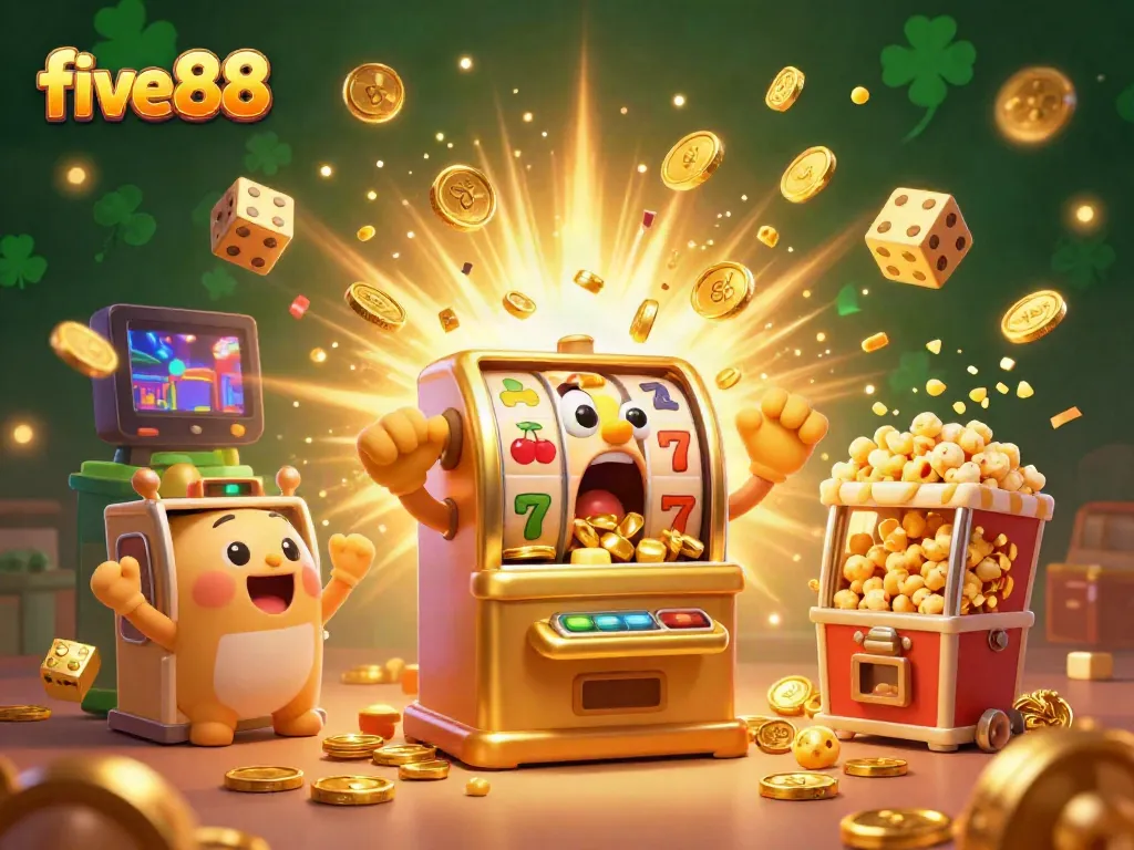 Experience the excitement of five88 as a golden slot machine hits a jackpot, surrounded by cheering baby slots and coins.