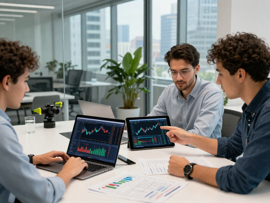 Team analyzing European blue chip stock API data at a modern workspace.