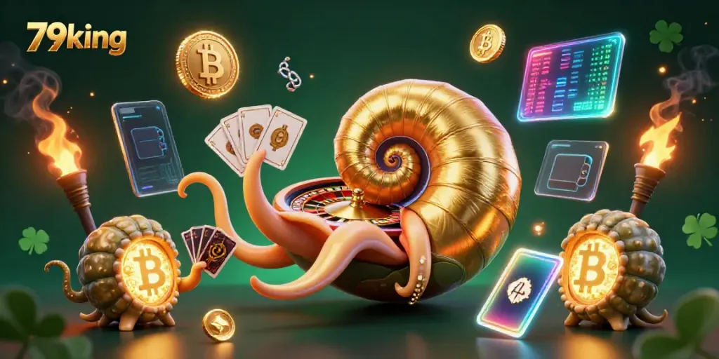 Engage in thrilling gaming at 79king featuring a giant nautilus roulette with golden light and 3D crypto coins.