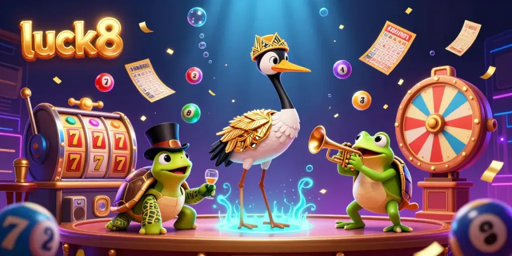 Experience the thrilling excitement of luck8's online casino, featuring vibrant characters and dynamic gaming elements in a lively atmosphere.