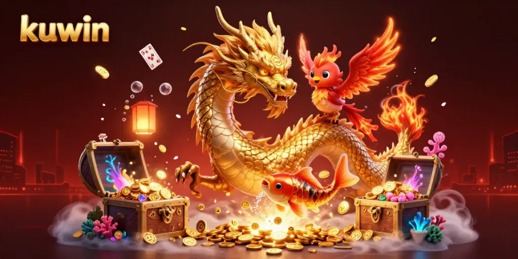 Win big with kuwin’s dynamic casino world featuring a golden dragon, koi fish, and treasure!