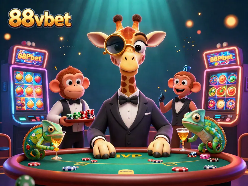 Experience winning moments at 88vbet with a giraffe, monkey, and chameleon in vibrant casino setting.