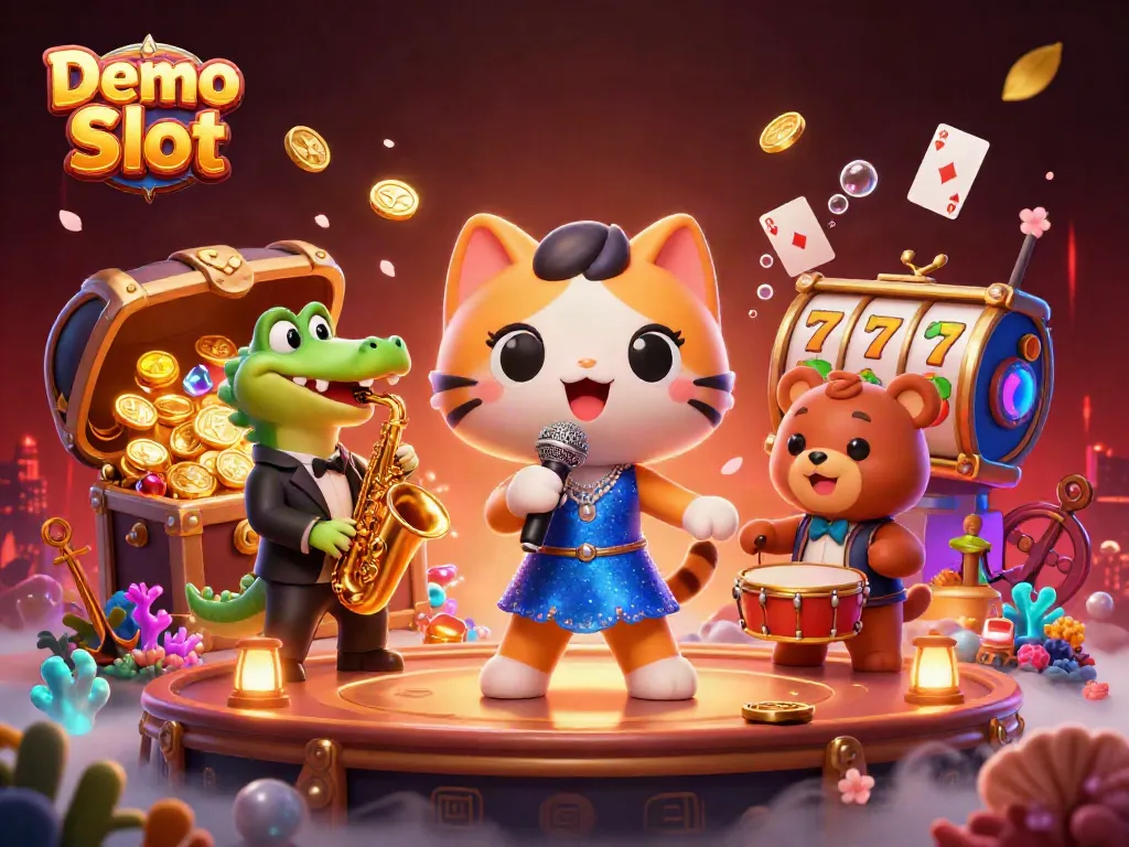 Spin the reels in this vibrant Demo Slot scene featuring cartoon characters and bright casino elements.