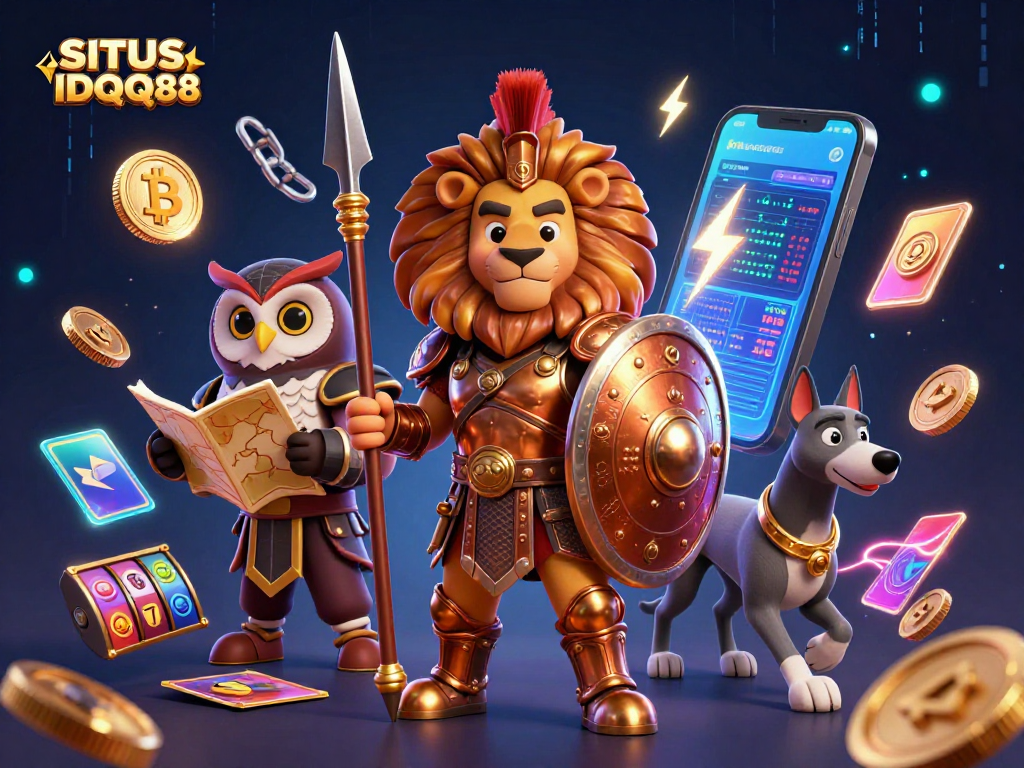 Engage with SITUS IDQQ88 through vibrant 3D casino-themed illustration featuring heroic characters and crypto elements.