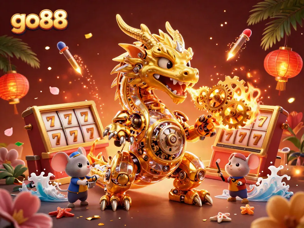 Experience thrilling gameplay with go88 as the golden dragon breathes gears among slot reels and festive elements.