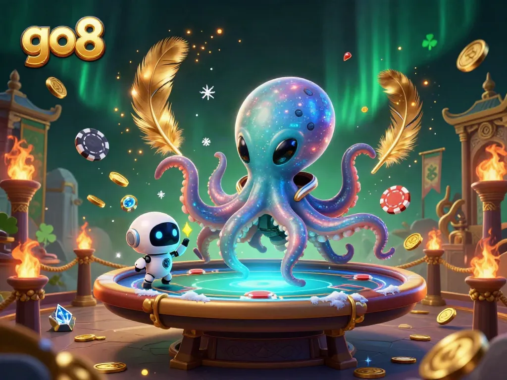 Engage with go8's vibrant space casino scene featuring an octopus and robot at a poker table.