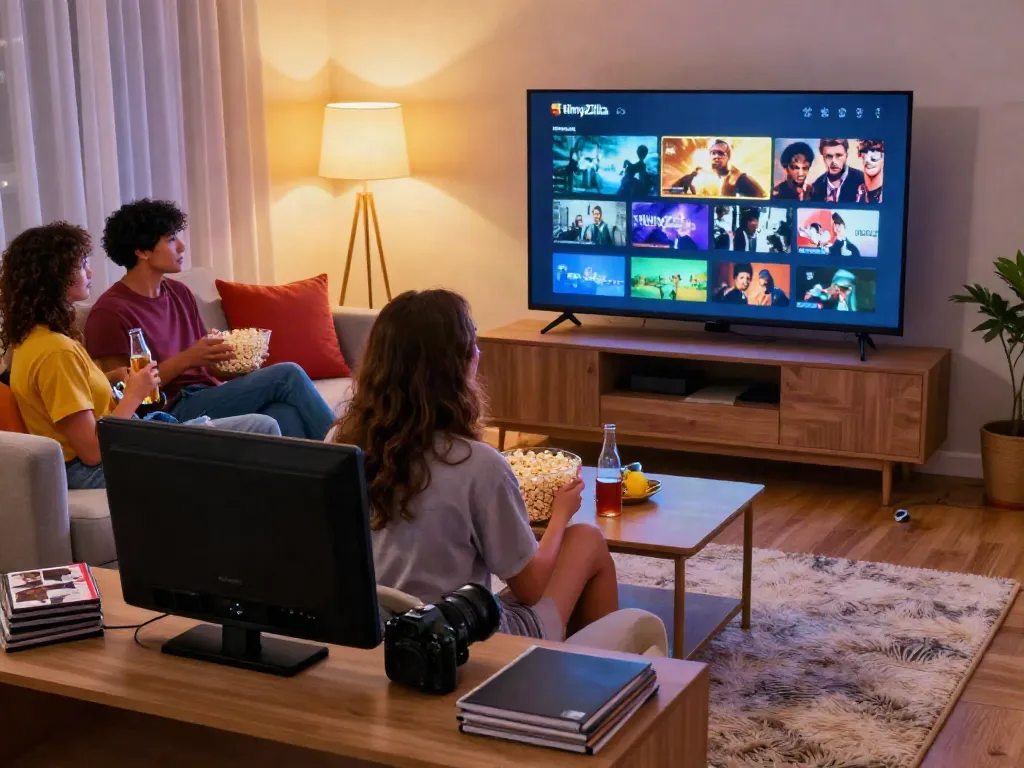 Friends enjoying a movie night with FilmyZilla app, showcasing what is filmyzilla in a cozy living room.