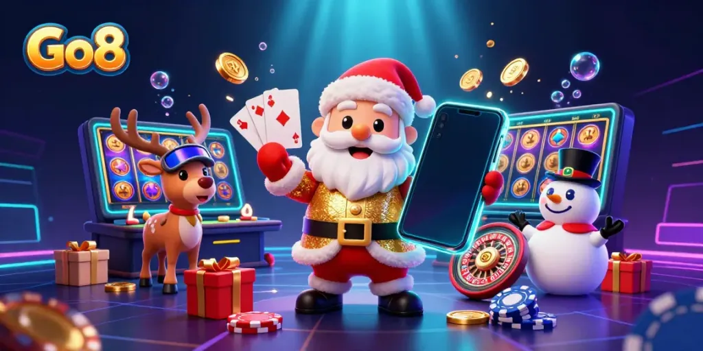 Experience Go8's thrilling casino adventure with Santa and friends, surrounded by vibrant slot game elements.