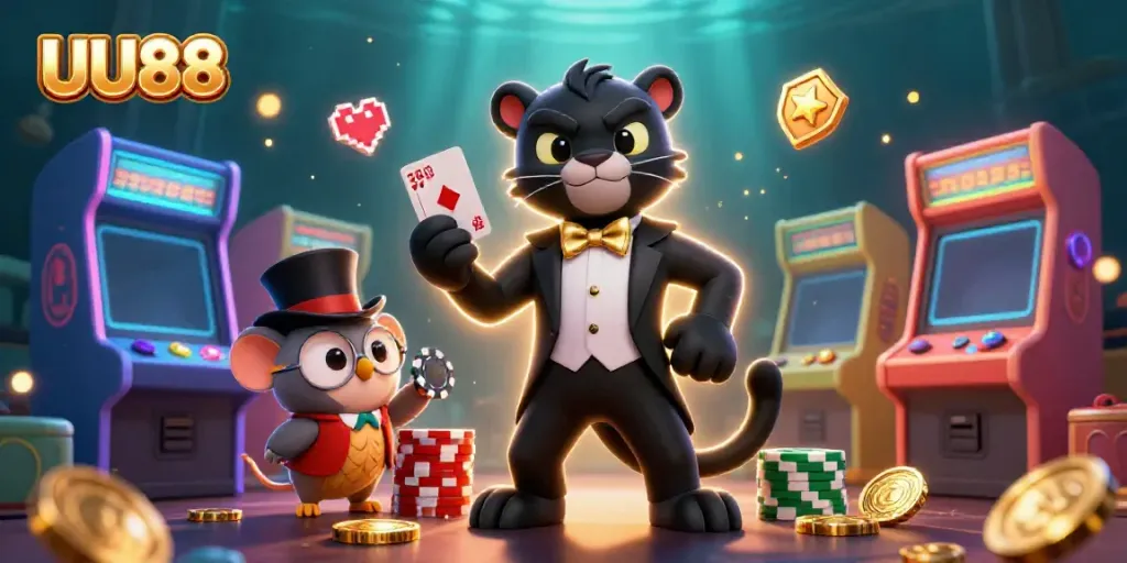 Engage with UU88's vibrant casino scene featuring a tuxedo-wearing panther and gaming elements.