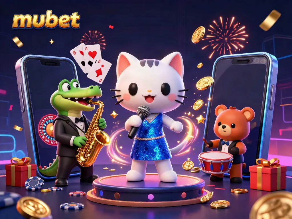 Mubet showcases a lively casino scene with a singing cat, saxophonist crocodile, and rhythm bear cub.