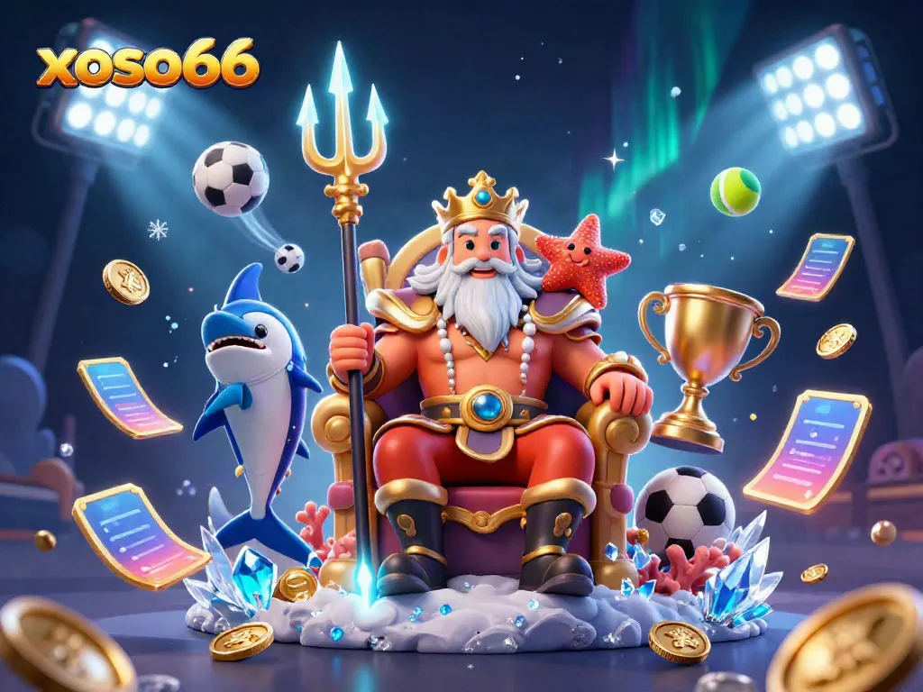 Experience exciting sports betting with xoso66 featuring Neptune, a swordfish samurai, and shimmering coins.