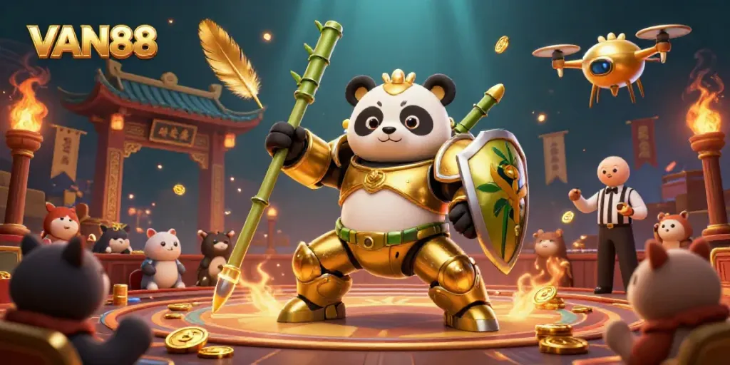Engage with VAN88's thrilling casino battle featuring a golden panda robot, vibrant elements, and dynamic energy.