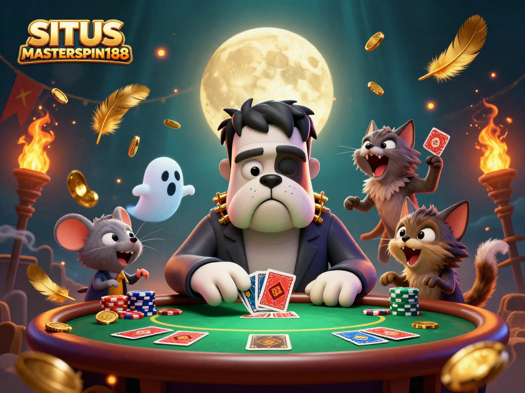 Engage with SITUS MASTERSPIN188 in a vibrant 3D poker scene featuring unique characters and lively casino elements.