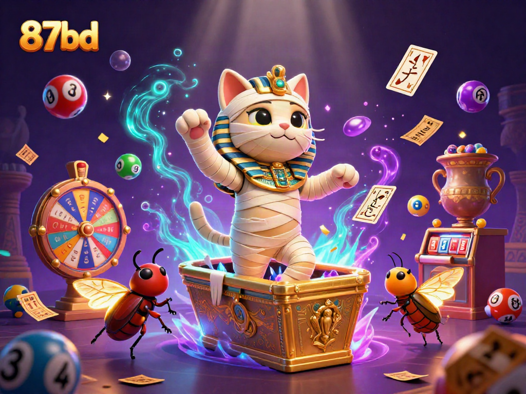 Engage with vibrant gaming action at 87bd featuring an Egyptian mummy cat and colorful lottery elements.