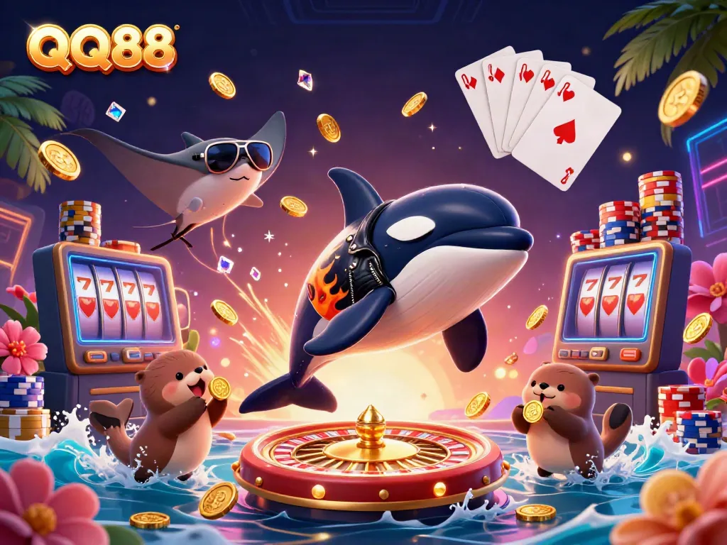Experience the excitement of QQ88 with a colorful 3D depiction of a whale, stingray and otters enjoying casino games.