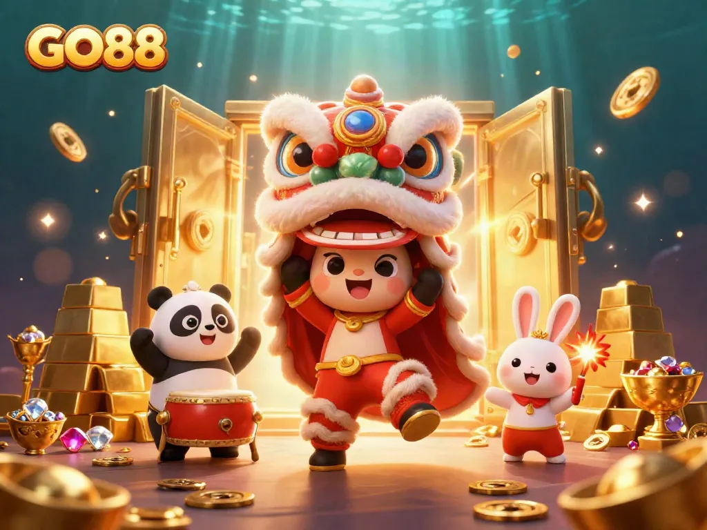 Experience GO88's vibrant casino atmosphere with a dynamic lion dance and treasure elements.