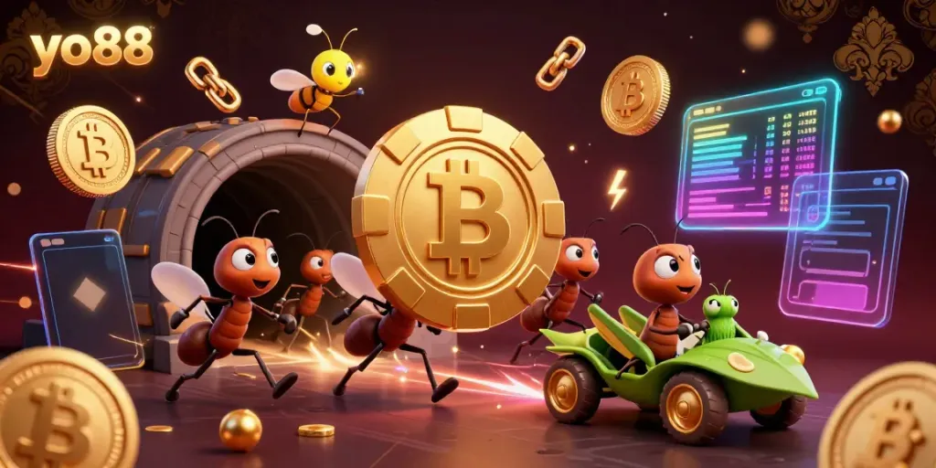 Experience the excitement of yo88 with a whimsical heist scene showcasing ants, poker chips, Bitcoin, and blockchain elements.