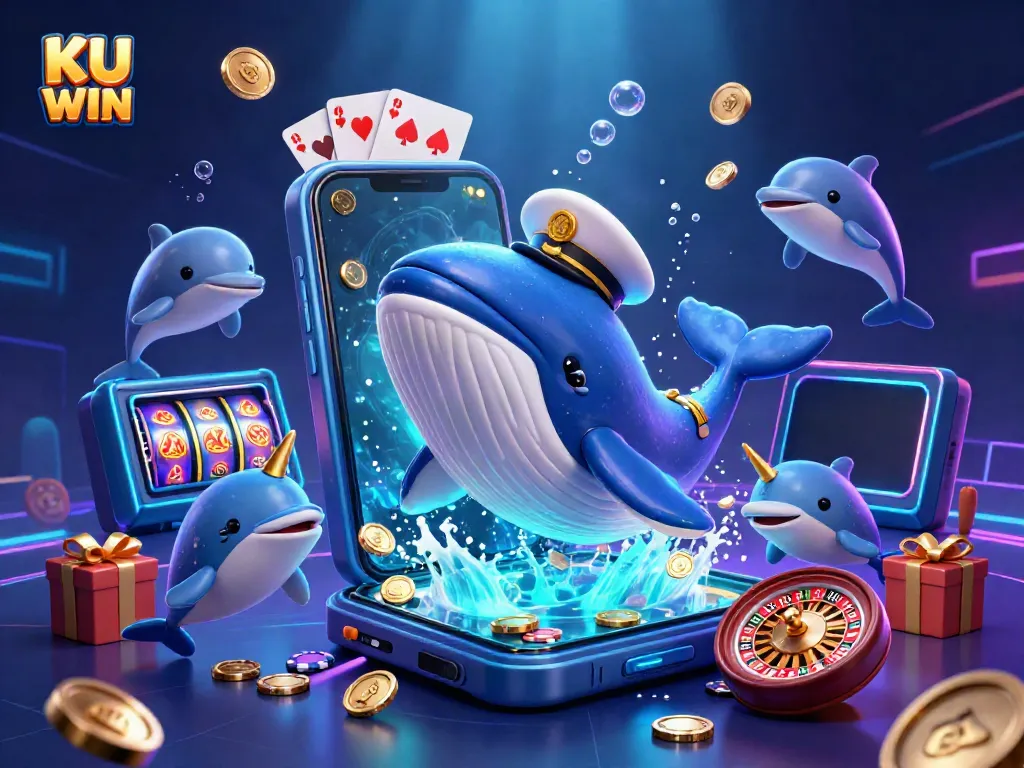Experience the thrill of KU WIN with an exciting underwater casino scene featuring a characterful whale and vibrant elements.