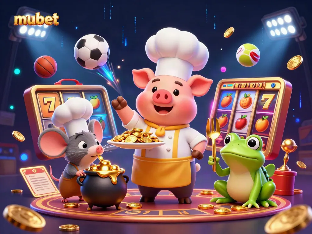 Engage with mubet's vibrant casino atmosphere featuring a cartoon chef serving gold coins in an exciting gameplay scene.