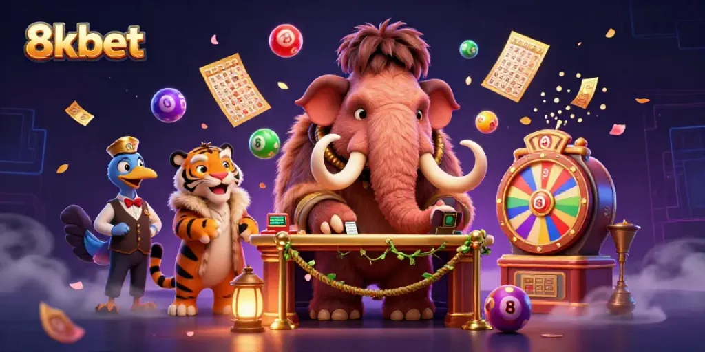Engaging 3D scene showcasing the excitement of 8kbet with a woolly mammoth, saber-tooth tiger, and dodo bird among dynamic game elements.