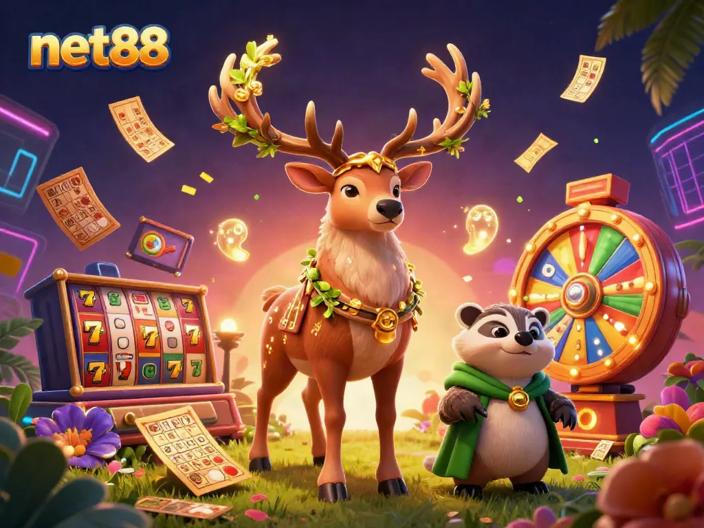 Experience thrilling wins at net88 with a 3D casino-themed illustration featuring lucky symbols and vibrant colors.