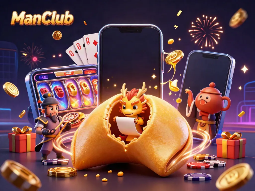 ManClub engages players with thrilling slot games, golden coins erupting around vibrant casino characters.