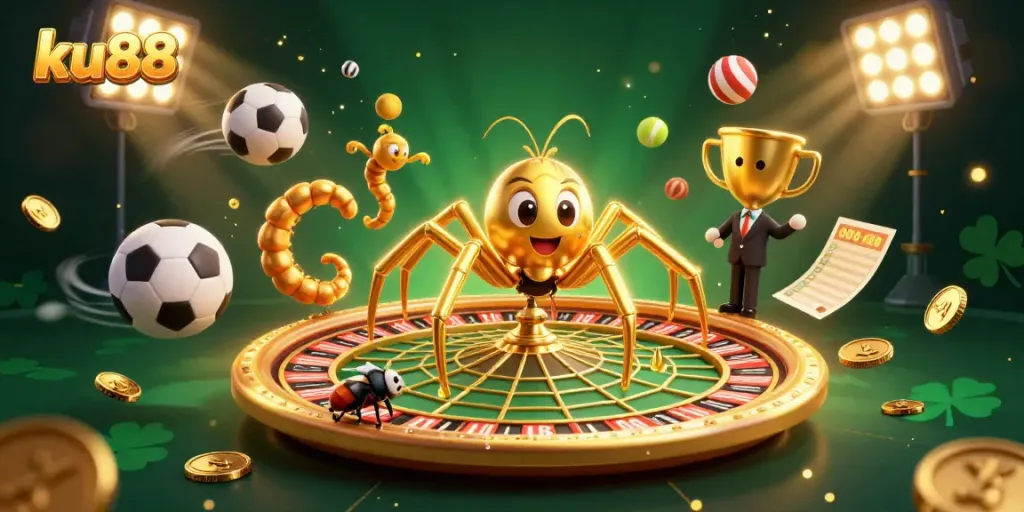 Experience thrilling bets at ku88 with a golden spider roulette wheel and animated sports elements.