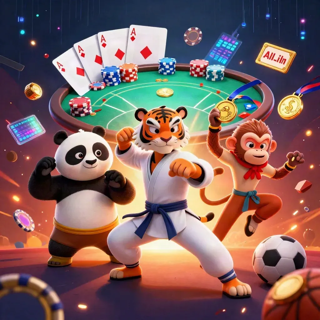 Kung-fu tiger, panda, and monkey amid neon poker, sports bets, and gold glow