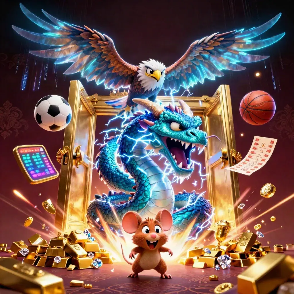 Thunder dragon, glowing hawk and crackling mouse amid vault gold and sports balls in casino light