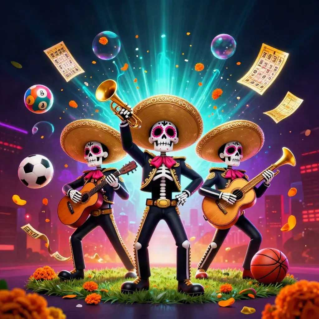 Skeleton mariachi trio with exploding casino props, glowing skyline, and neon sportsbook lighting.