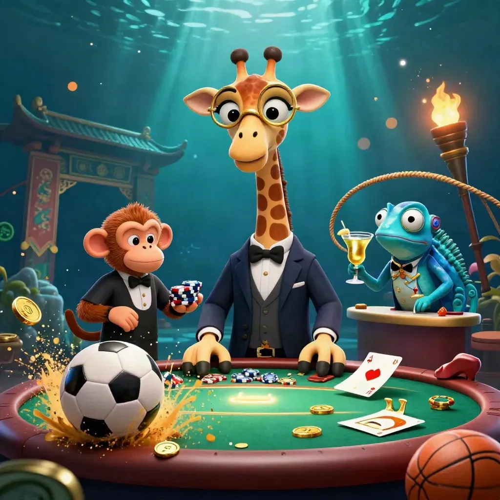 Underwater casino scene with a giraffe, monkey, chameleon, and a soccer ball bursting through gold light.
