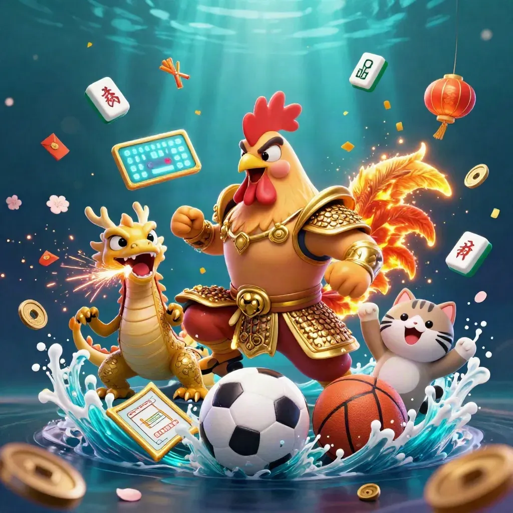 Rooster samurai, dragon hatchling and fortune cat amid sports balls, gold coins and teal casino light