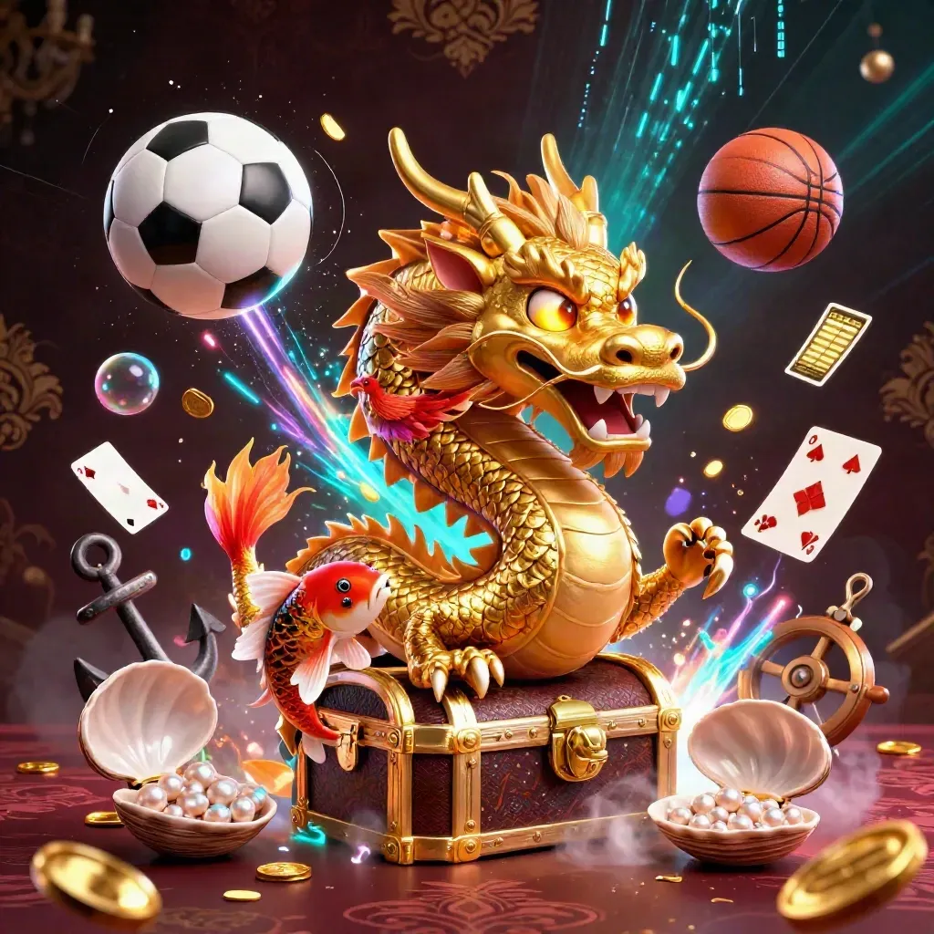 Golden dragon with phoenix and koi amid coins, cards, and sports balls in a luxe casino scene.