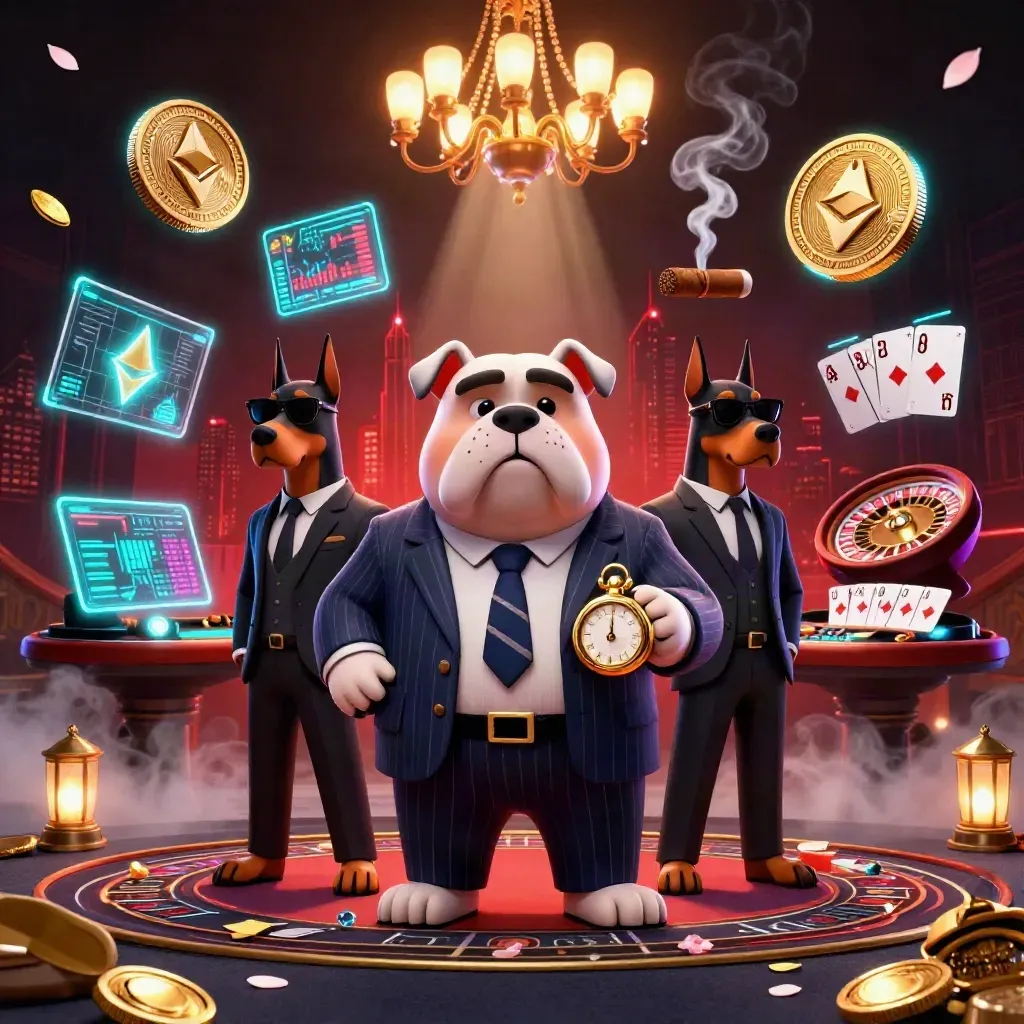 Bulldog mob boss and Doberman guards in a neon casino with coins, smoke, and brass.