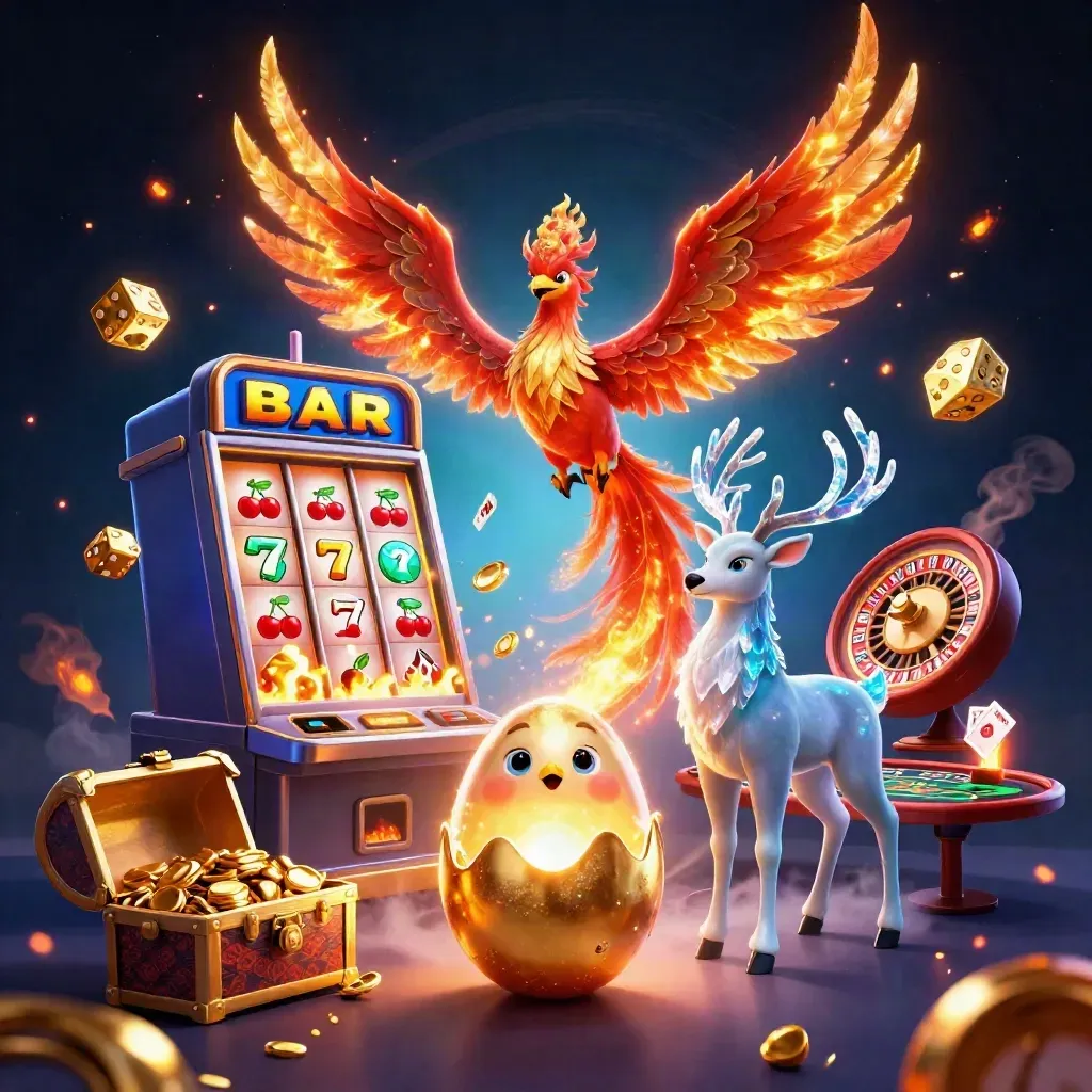 Fire phoenix, hatching chick, crystal stag amid casino magic and glowing slot burst.