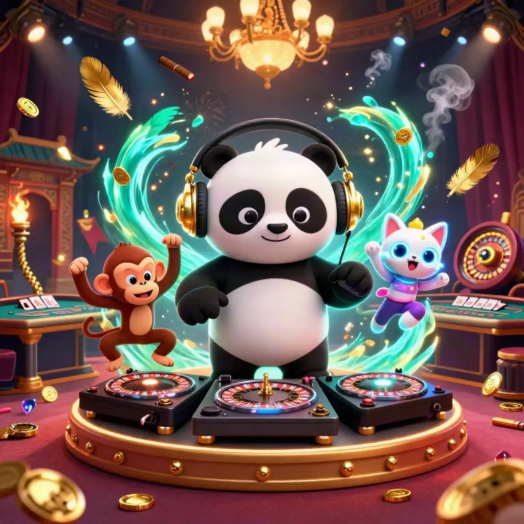 Panda DJ, monkey, and glow-stick kitten in a luxe casino room with roulette, cards, and teal-gold lights.