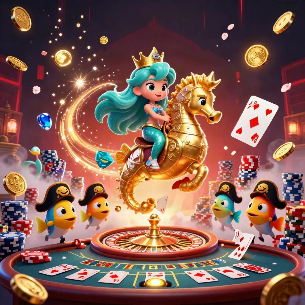 Mermaid princess on golden seahorse with pirate fish, casino coins, roulette and glowing cards