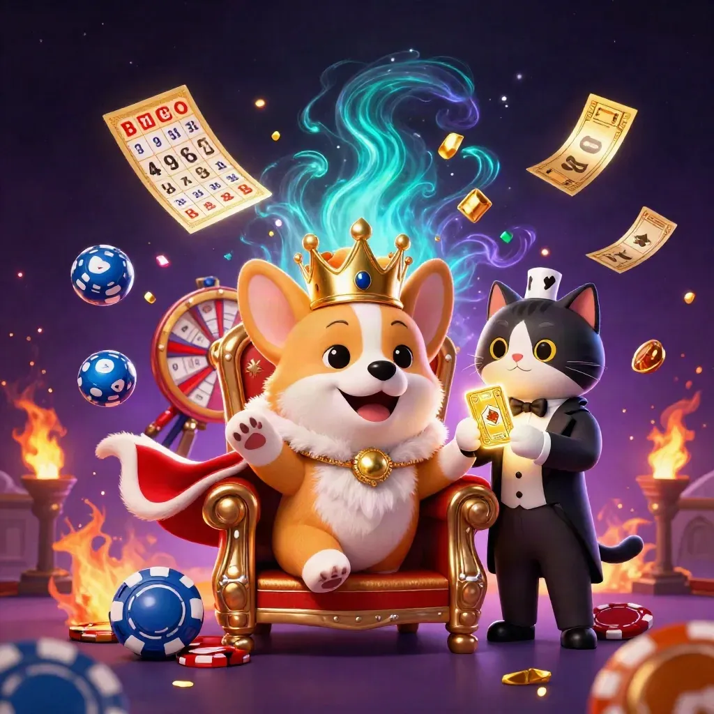 Royal corgi king and cat butler amid lotto balls, bingo card, prize wheel, and golden sparks.