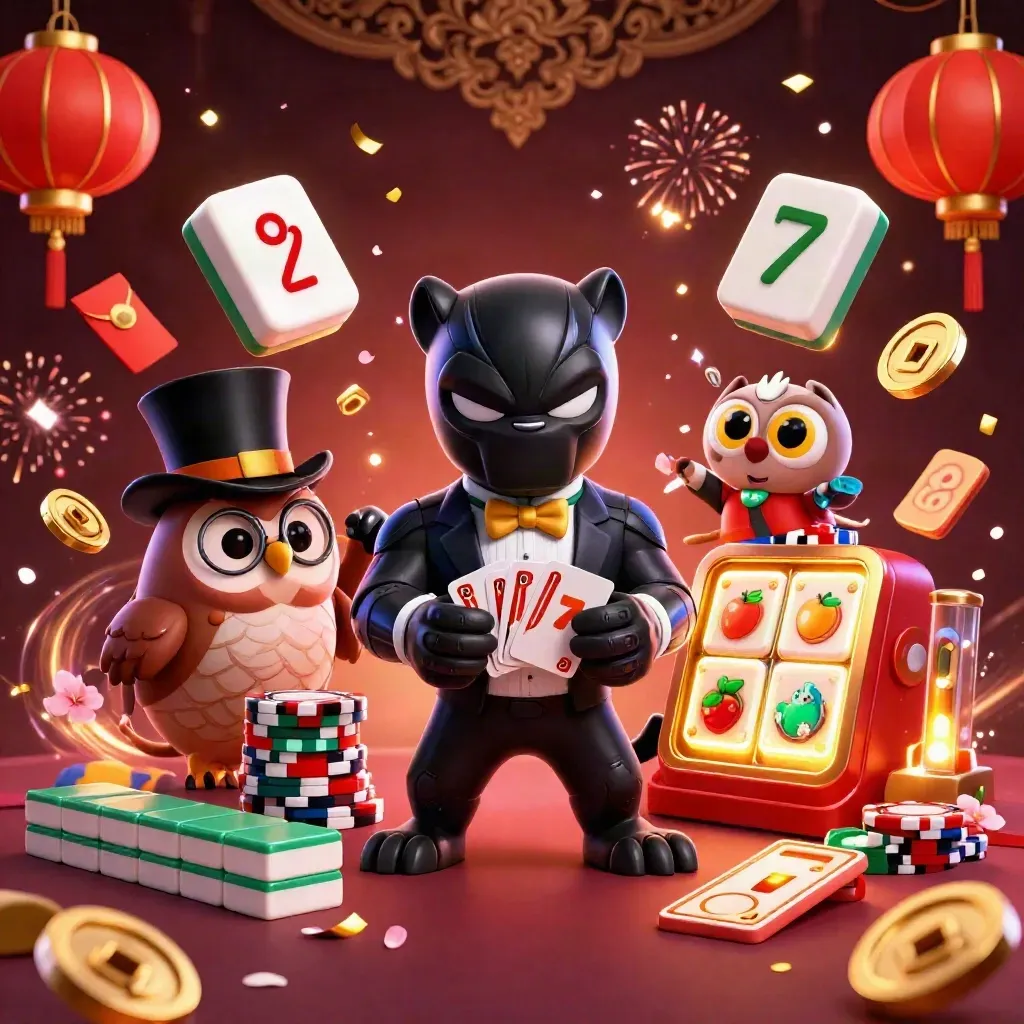 Panther, owl, and mouse casino heroes amid jade coins, lanterns, fireworks, and confetti.