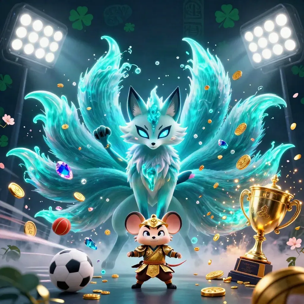 Nine-tailed fox spirit with gold-armored mouse amid sports balls, trophy, coins, teal glow