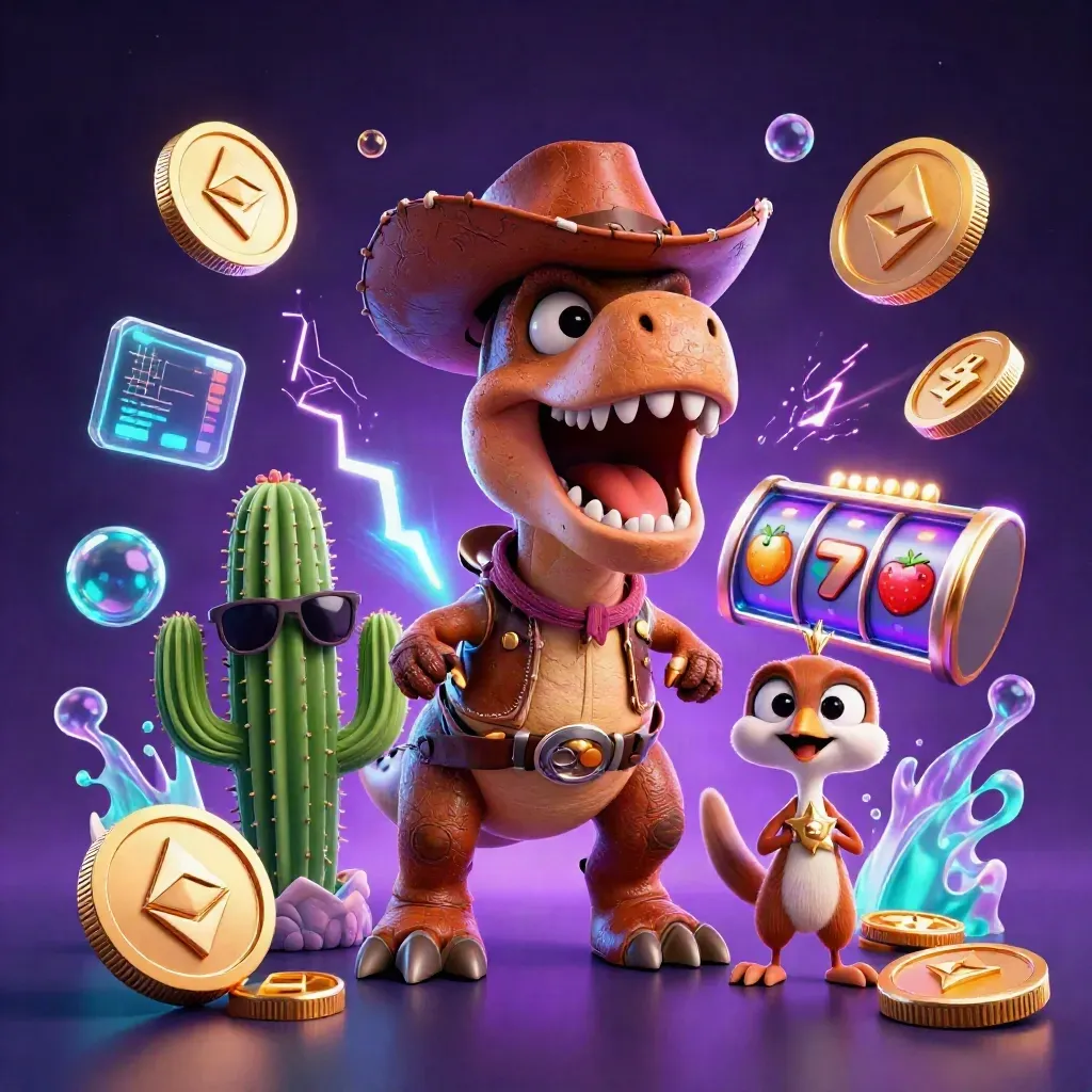 Cowboy T-Rex, cactus sidekick, and roadrunner amid neon crypto coins and a magical purple sky.